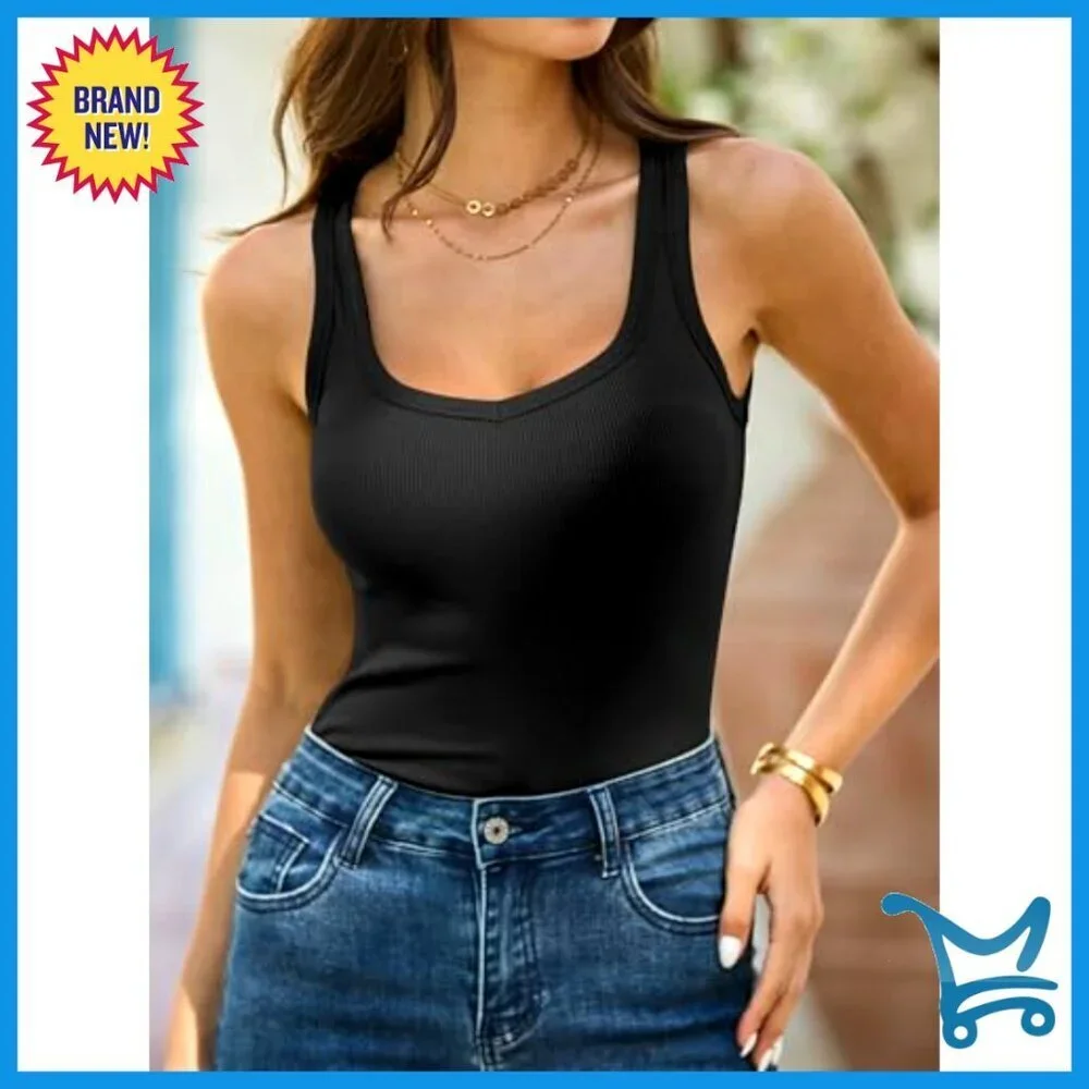 Ribbed Tank Top Scoop Neck Y2K Workout Tee Sleeveless Casual Vacation Wear